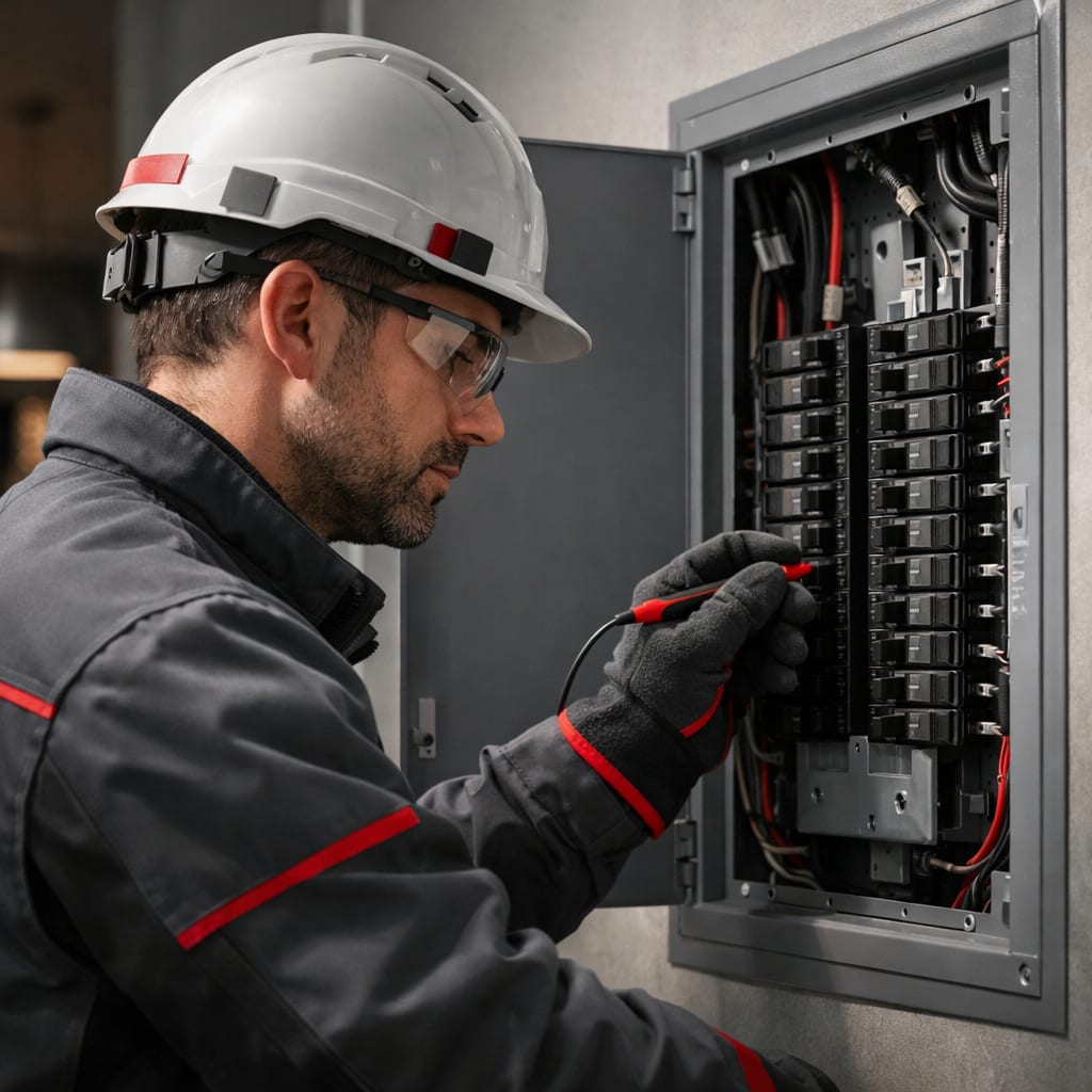 Electrician performing a panel safety inspection
